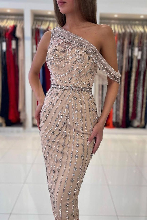 Champagne Sheath/Column Prom Dress Asymmetric Neck Tea Length Formal Dress