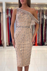 Champagne Sheath/Column Prom Dress Asymmetric Neck Tea Length Formal Dress