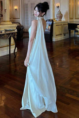 Champagne Sheath/Column Prom Dress Sleeveless Halter Neck Satin Formal Dress