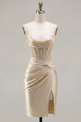 Champagne Corset Strapless Tight Short Ruched Homecoming Dress with Slit