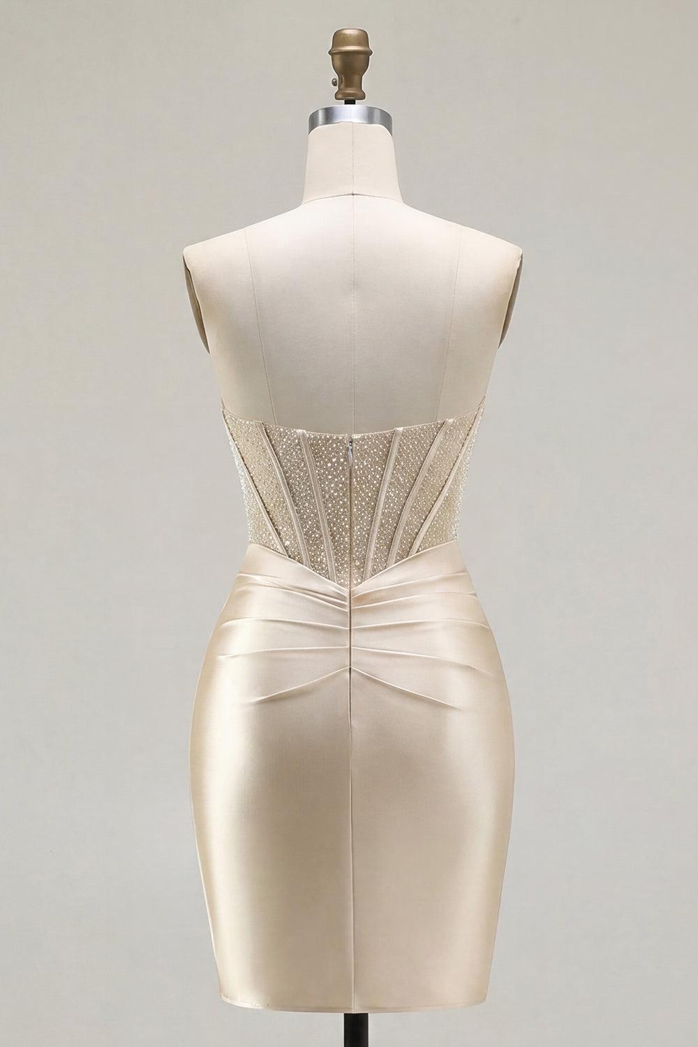 Champagne Corset Strapless Tight Short Ruched Homecoming Dress with Slit