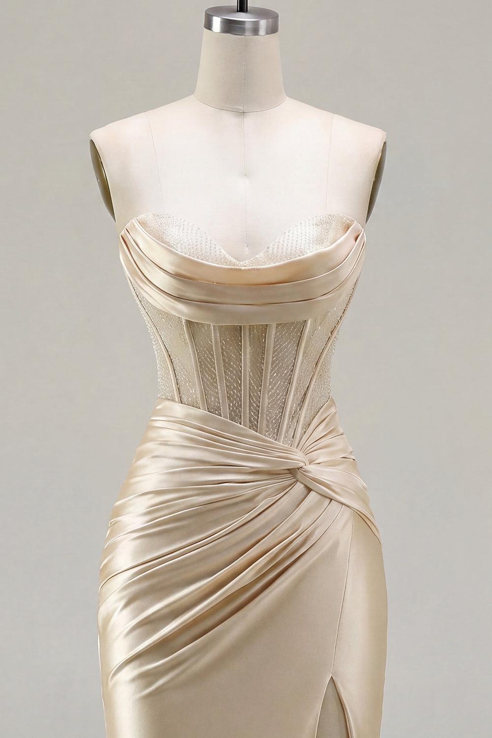 Champagne Corset Strapless Tight Short Ruched Homecoming Dress with Slit