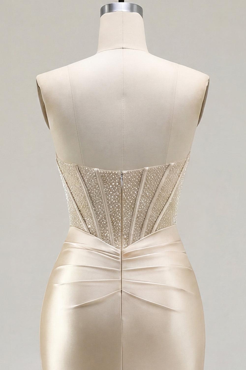 Champagne Corset Strapless Tight Short Ruched Homecoming Dress with Slit