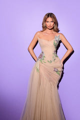 Champagne Tulle Formal Dress Strapless Mermaid Embroidered Prom Dress with Rhinestones
