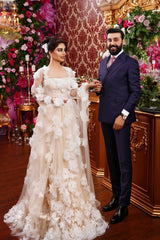 Champagne Wedding Dress A Line Square Beaded Illusion Sleeves Sequined Tulle Bridal Gown With 3D Flowers