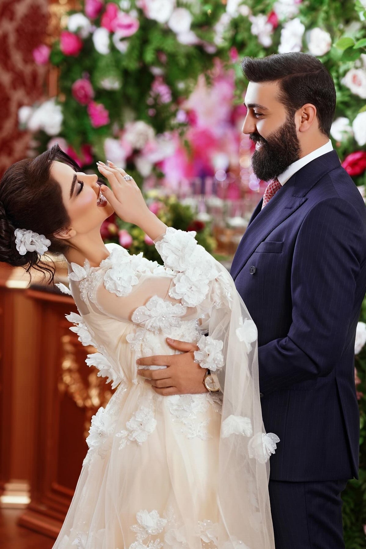 Champagne Wedding Dress A Line Square Beaded Illusion Sleeves Sequined Tulle Bridal Gown With 3D Flowers