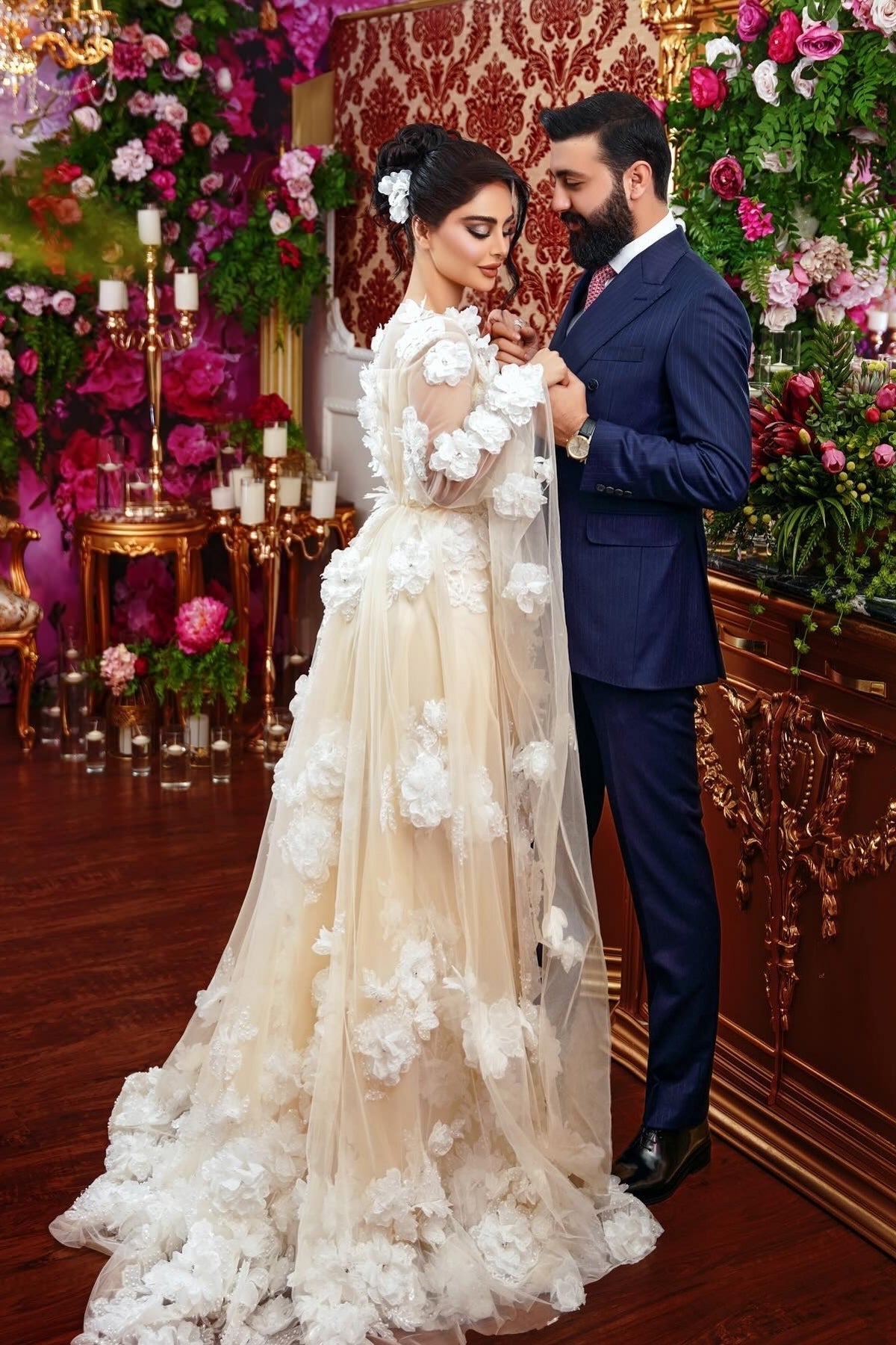 Champagne Wedding Dress A Line Square Beaded Illusion Sleeves Sequined Tulle Bridal Gown With 3D Flowers