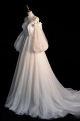 Champagne Wedding Dress A Line Tulle Long Sleeves Formal Evening Dress
