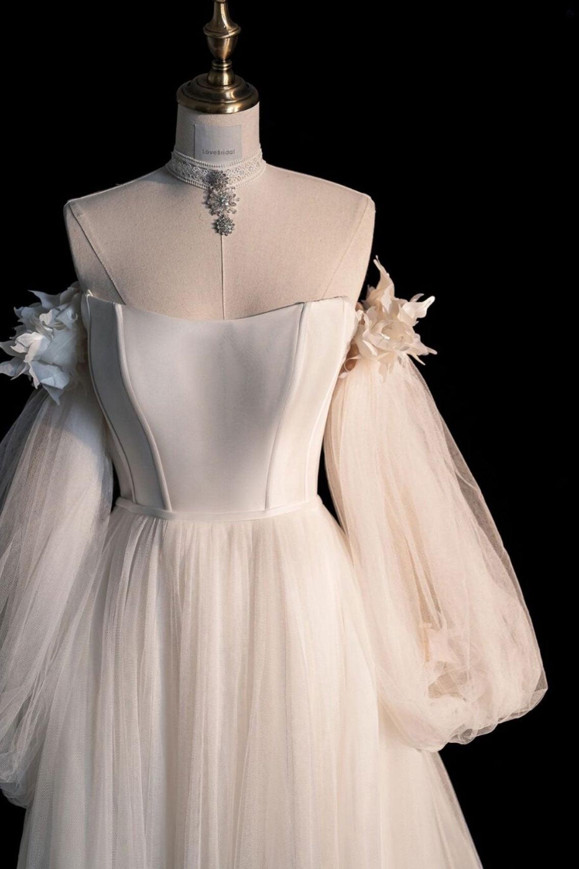 Champagne Wedding Dress A Line Tulle Long Sleeves Formal Evening Dress
