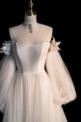 Champagne Wedding Dress A Line Tulle Long Sleeves Formal Evening Dress