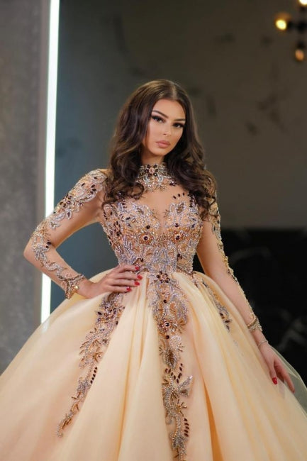 Champagne Wedding Dress Sleeves High Neck Beaded Ball Gown Tulle Bridal Gown With Rhinestone