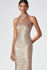 Champagne Wedding Guest Dress Halter Mermaid Long Formal Dress