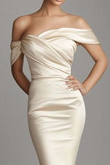 Champagne Wedding Guest Dress Satin Sheath Long Formal Dress