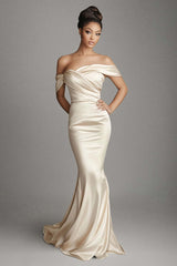 Champagne Wedding Guest Dress Satin Sheath Long Formal Dress