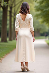 Champagne Wedding Guest Dress V-Neck A Line Formal Dress With Long Sleeves