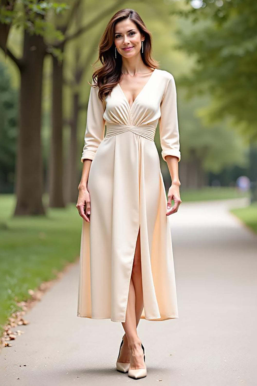 Champagne Wedding Guest Dress V-Neck A Line Formal Dress With Long Sleeves