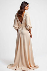 Champagne Wedding Guest Dress V-Neck A Line Ruched Long Formal Dress