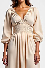 Champagne Wedding Guest Dress V-Neck A Line Ruched Long Formal Dress