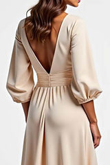 Champagne Wedding Guest Dress V-Neck A Line Ruched Long Formal Dress