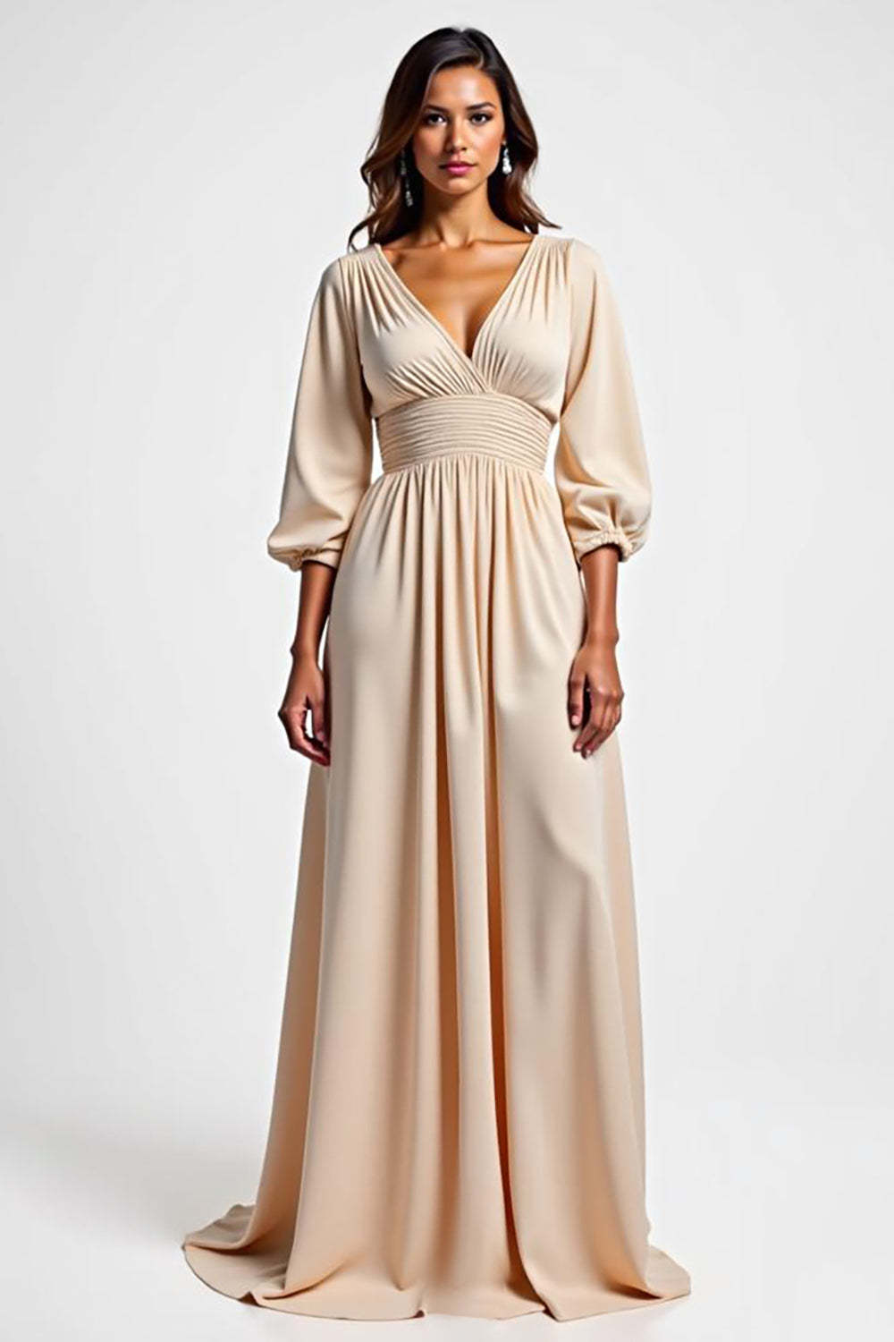 Champagne Wedding Guest Dress V-Neck A Line Ruched Long Formal Dress