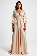 Champagne Wedding Guest Dress V-Neck A Line Ruched Long Formal Dress