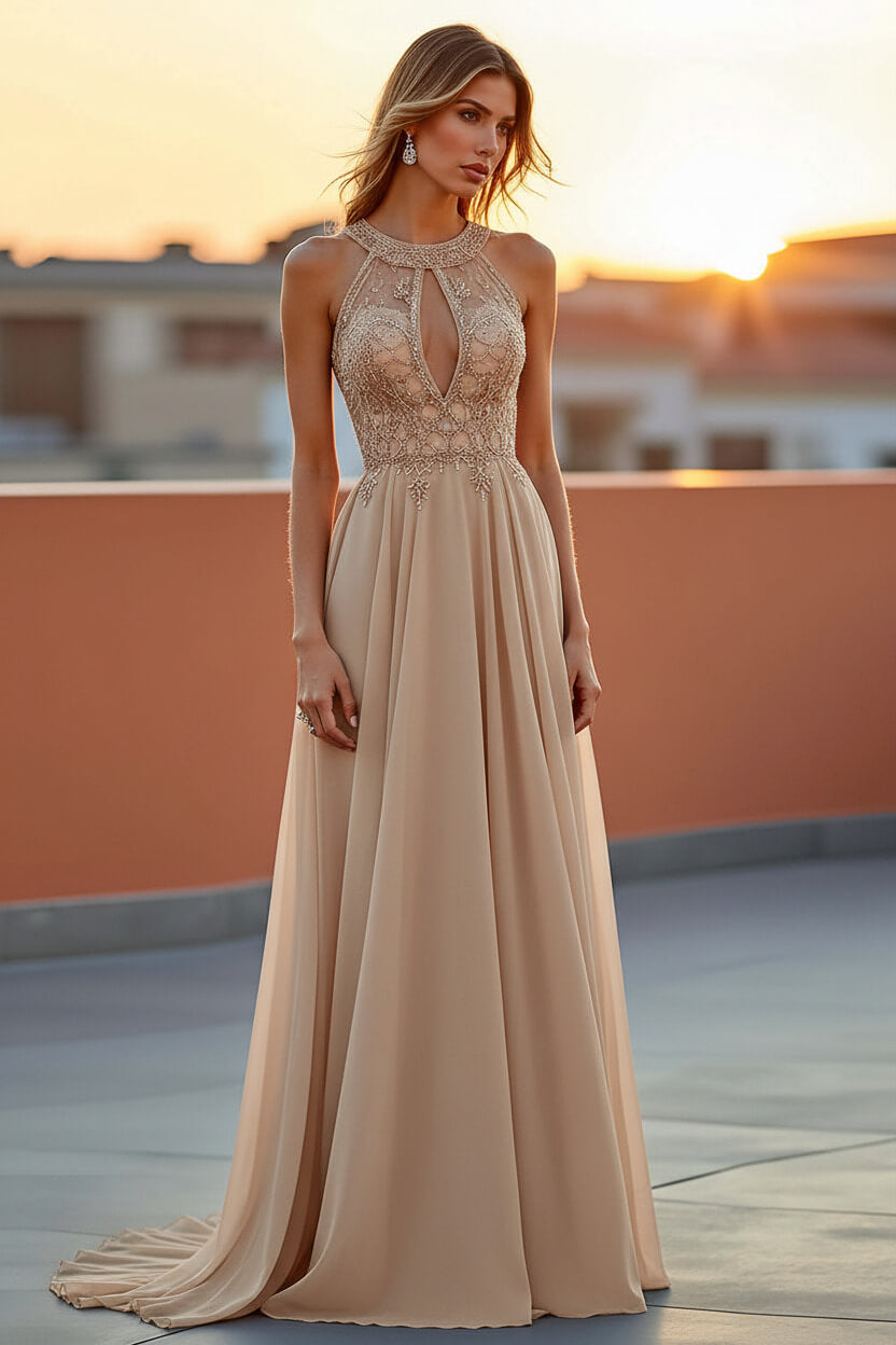 Dreamyannie Beaded Navy Wedding Guest Dress Halter Long Formal Dress With Embroideries