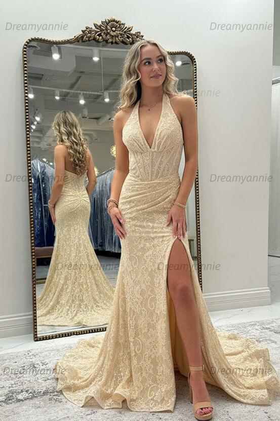 Dreamyannie Halter Pink Prom Dress Long Lace Formal Dress With Slit