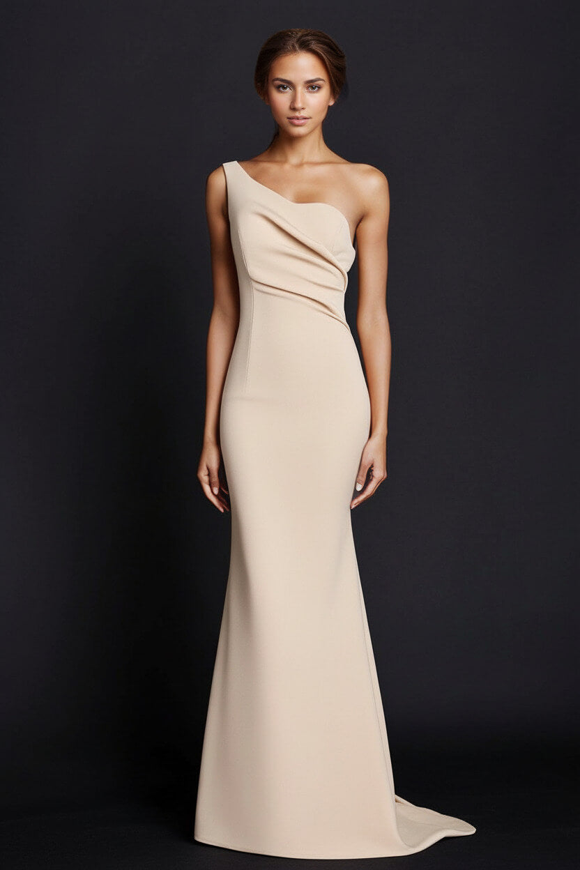 Dreamyannie One Shoulder Khaki Wedding Guest Dress Mermaid Long Formal Dress
