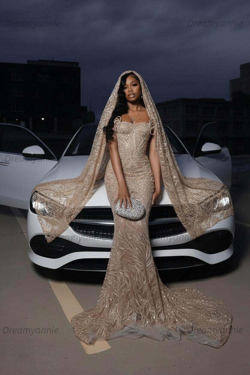 Strapless Silver Prom Dress Sequined Tulle Mermaid Formal Evening Dress