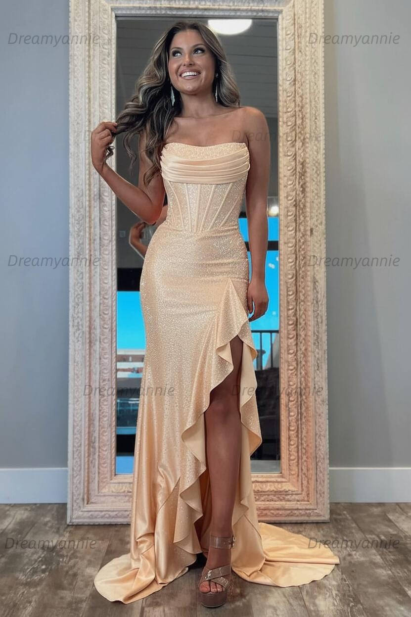 Hot Pink Beaded Prom Dress Strapless Corset Ruffled Formal Dress With Slit