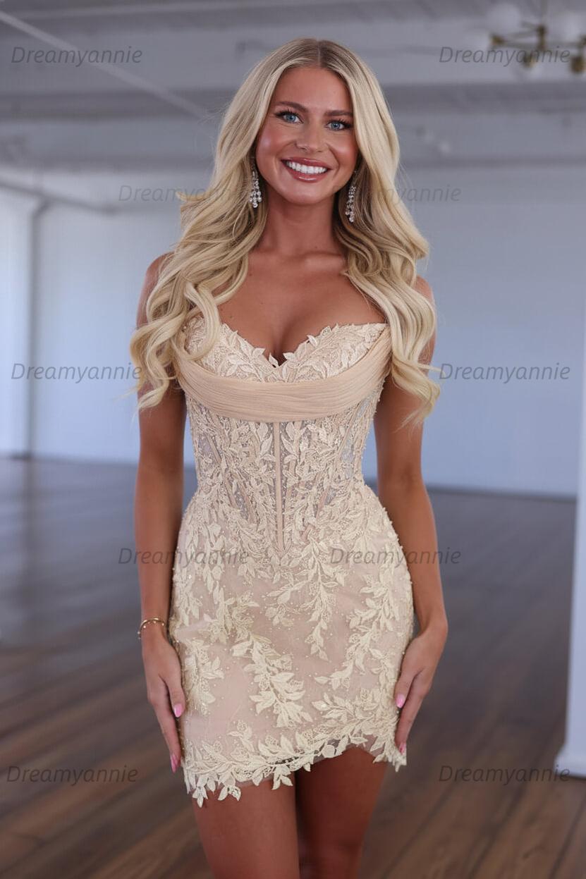Red Lace Applique Strapless Corset Bodycon Homecoming Dress