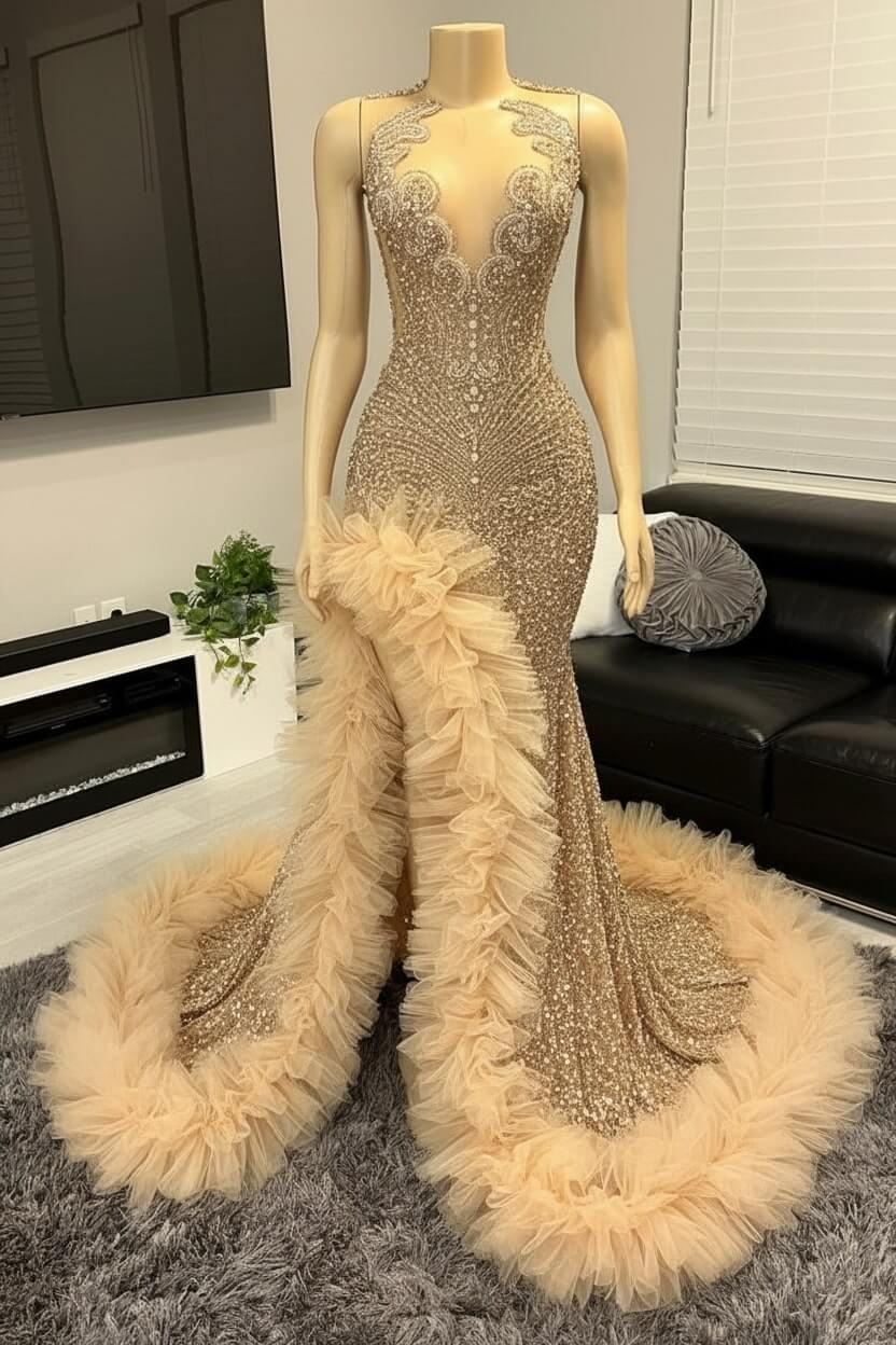 Mermaid Beaded Prom Dress Tulle Ruffles Sequined Formal Dress