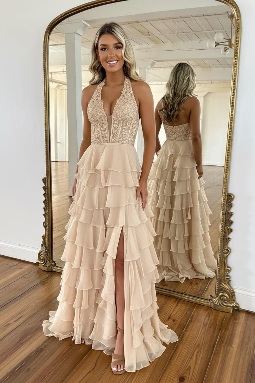 Dreamyannie Sky Blue Prom Dress Ruffled Halter Corset Formal Dress With Slit