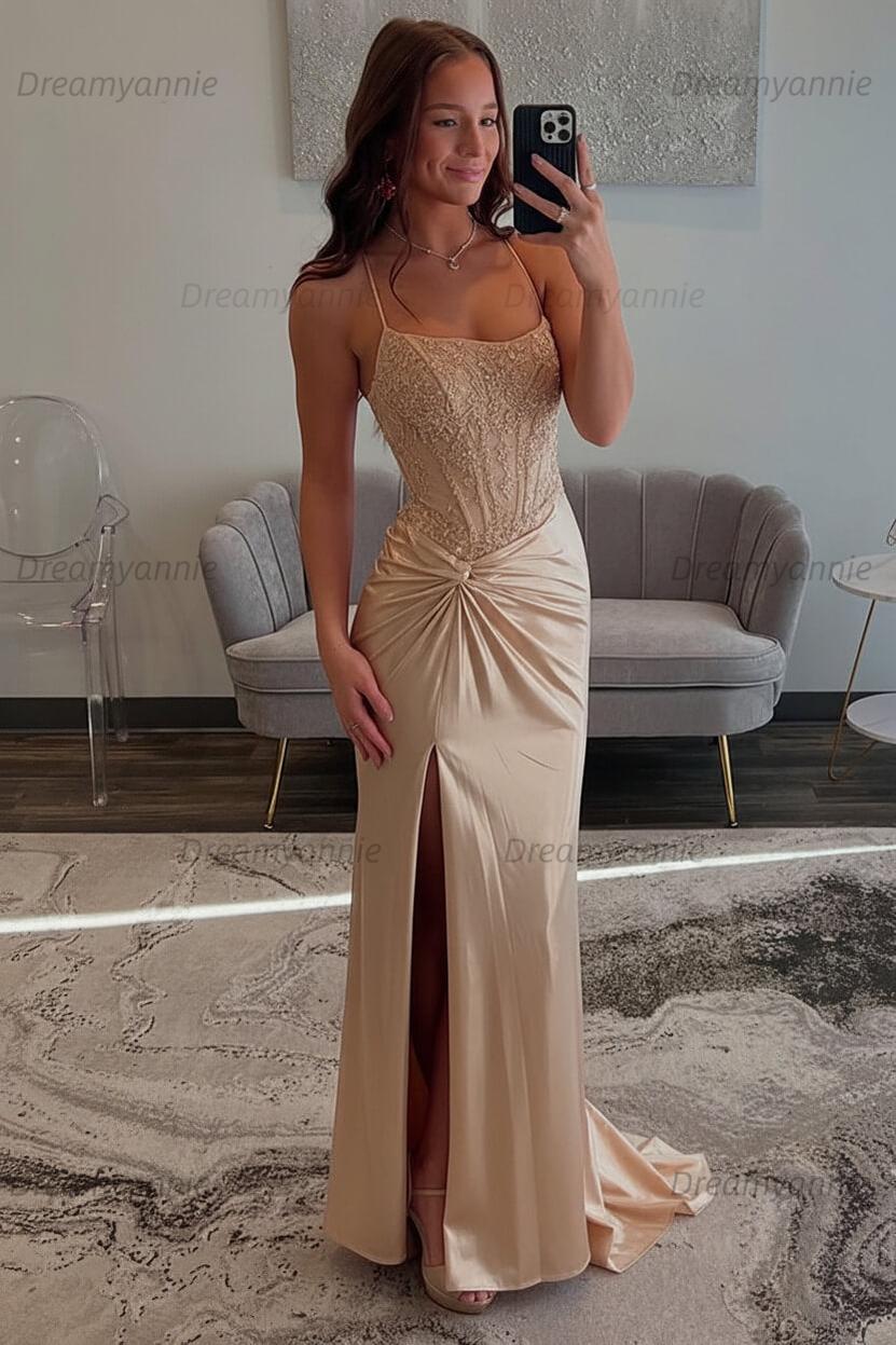 Dreamyannie Red Prom Dress Spaghetti Straps Ruhed Long Lace Formal Dress With Appliques