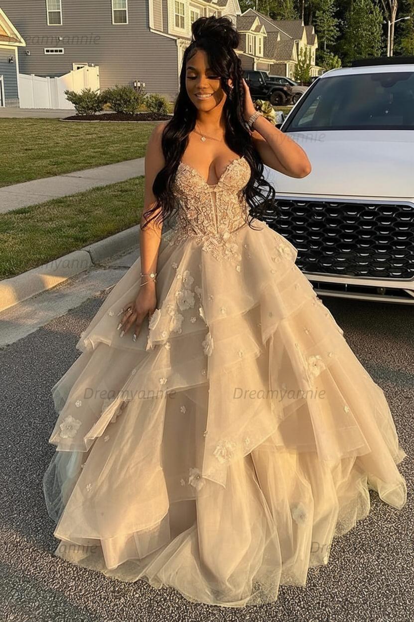 Dreamyannie Sage Prom Dress Floral Tiered Ruffles A-Line Sweetheart Corset Long Formal Dress