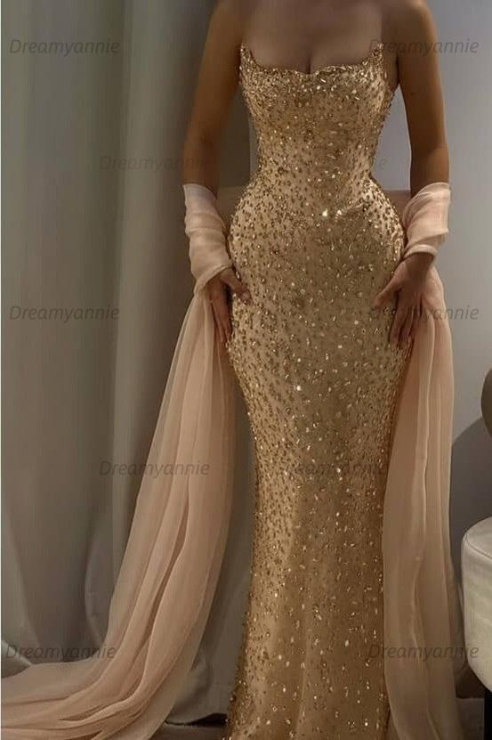 Pink Mermaid Prom Dress Strapless Beaded Formal Dress
