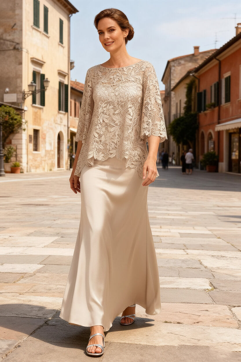 Dreamyannie Dusty Sage Satin Bateau Neck Ankle Length Mother Of The Bride Dress With Sleeves