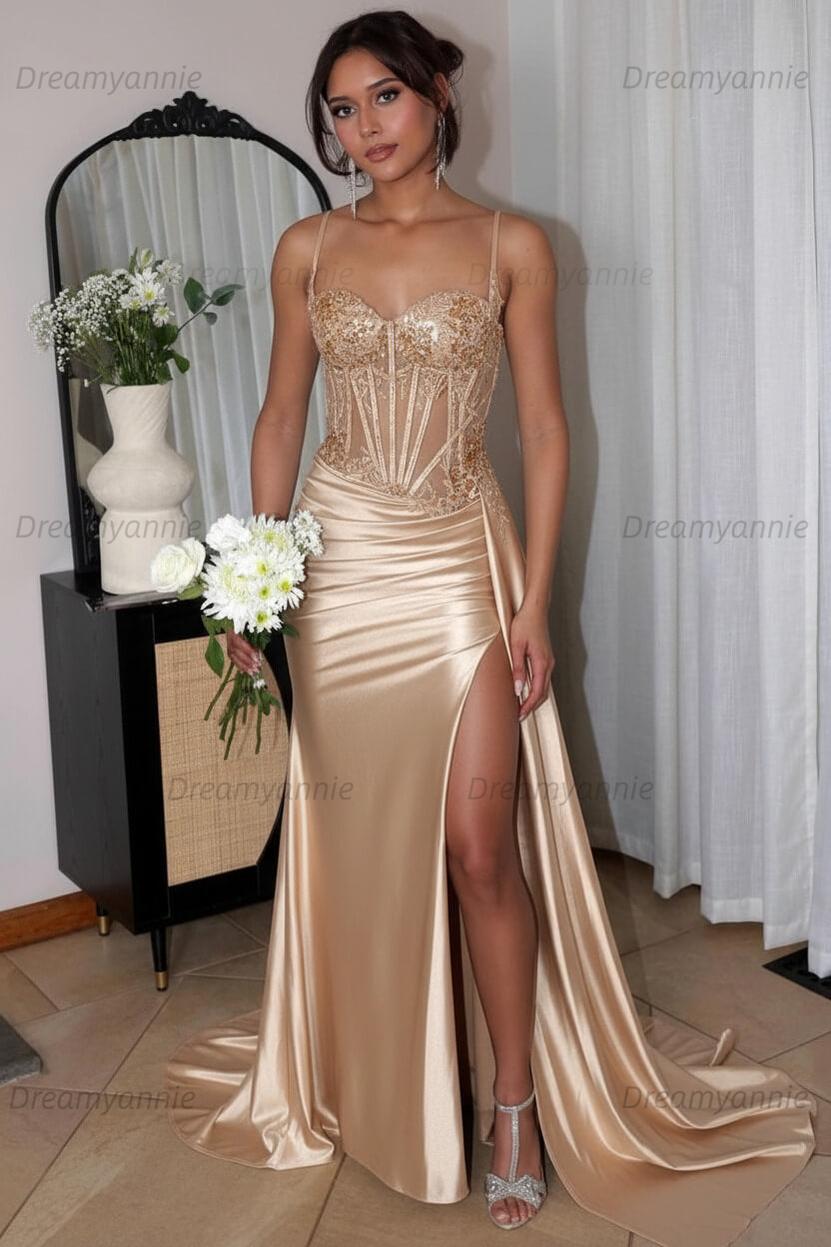 Corset Sequined Prom Dress Satin Appliqued Long Evening Dress With Slit