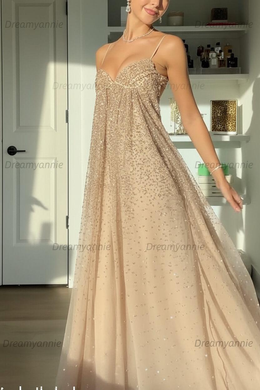 Bling A Line Spaghetti Straps Grey Blue Long Party Dress With Beading Formal Evening Gown