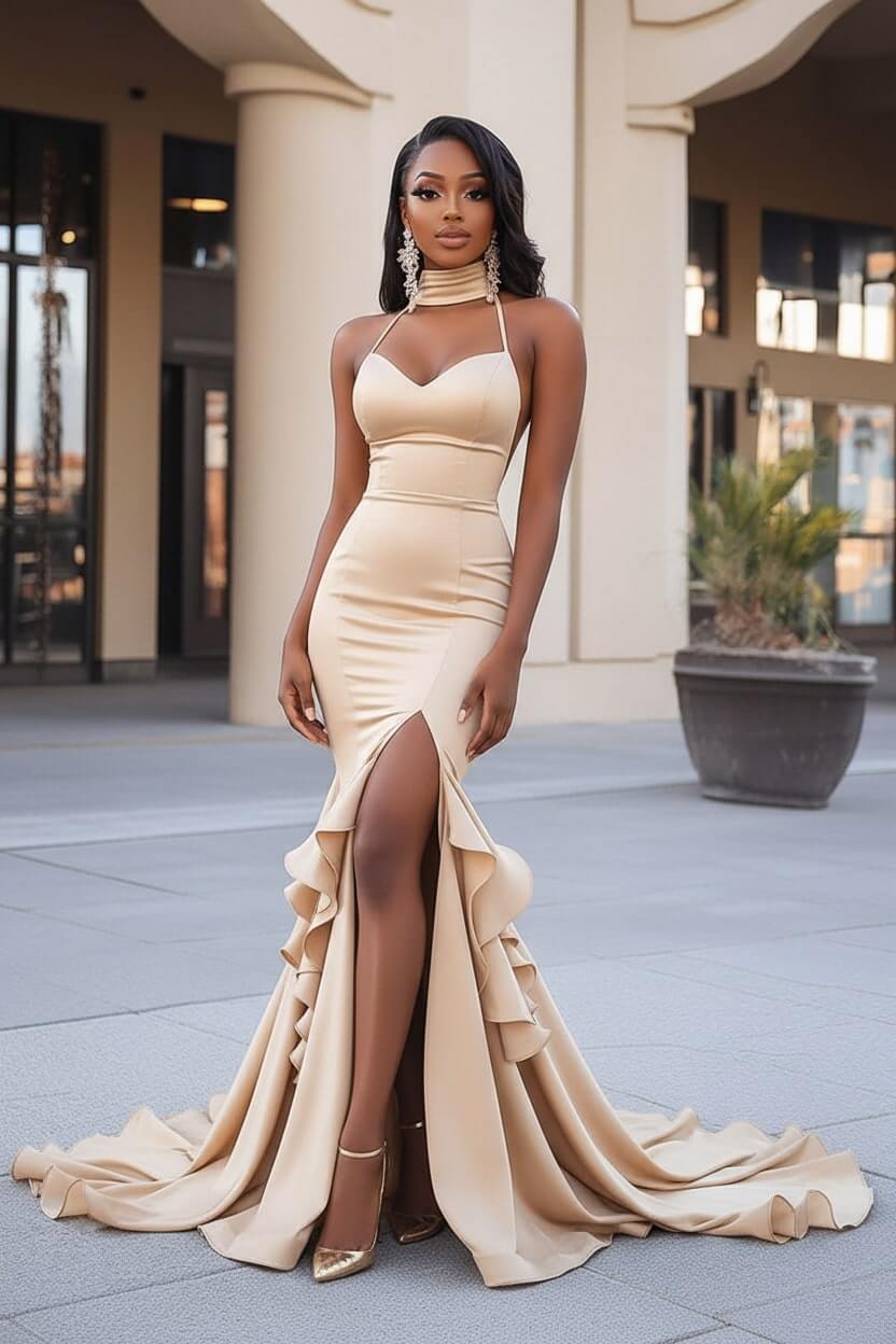 Dreamyannie Black Wedding Guest Dress Ruffled Mermaid Long Prom Dress With Slit