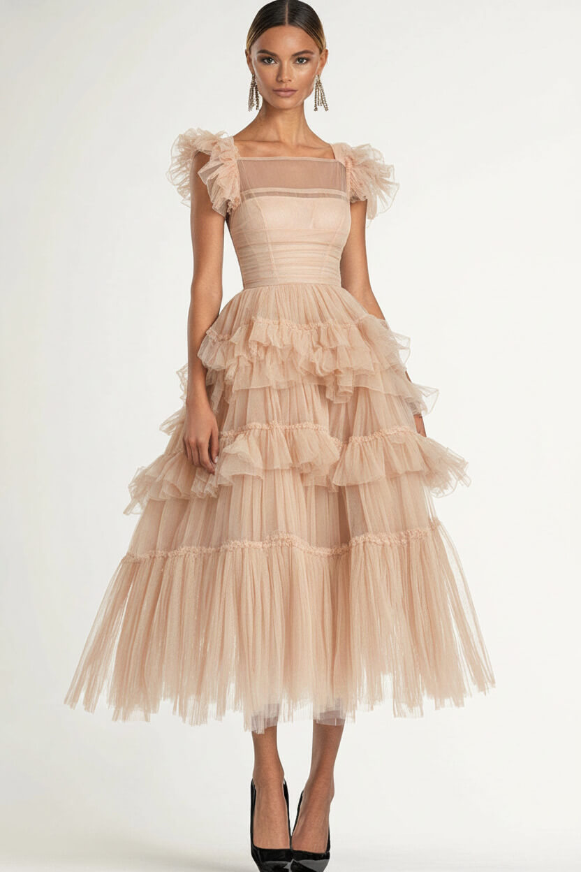 Dreamyannie Tea Length Black Wedding Guest Dress A-Line Flatter Sleeves Tulle Formal Dress With Ruffles