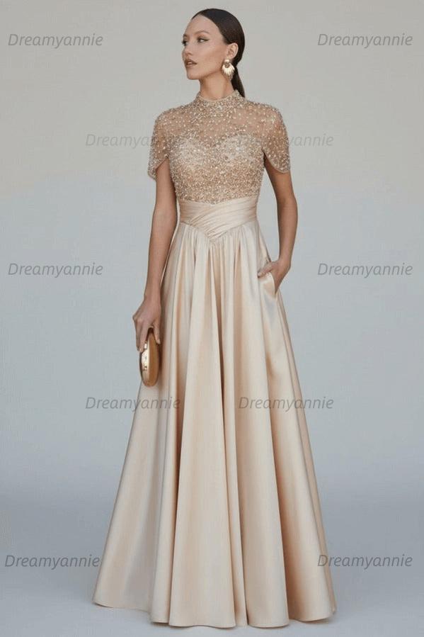 Green A Line Prom Dress Short Sleeve High Neck Beaded Formal Dress