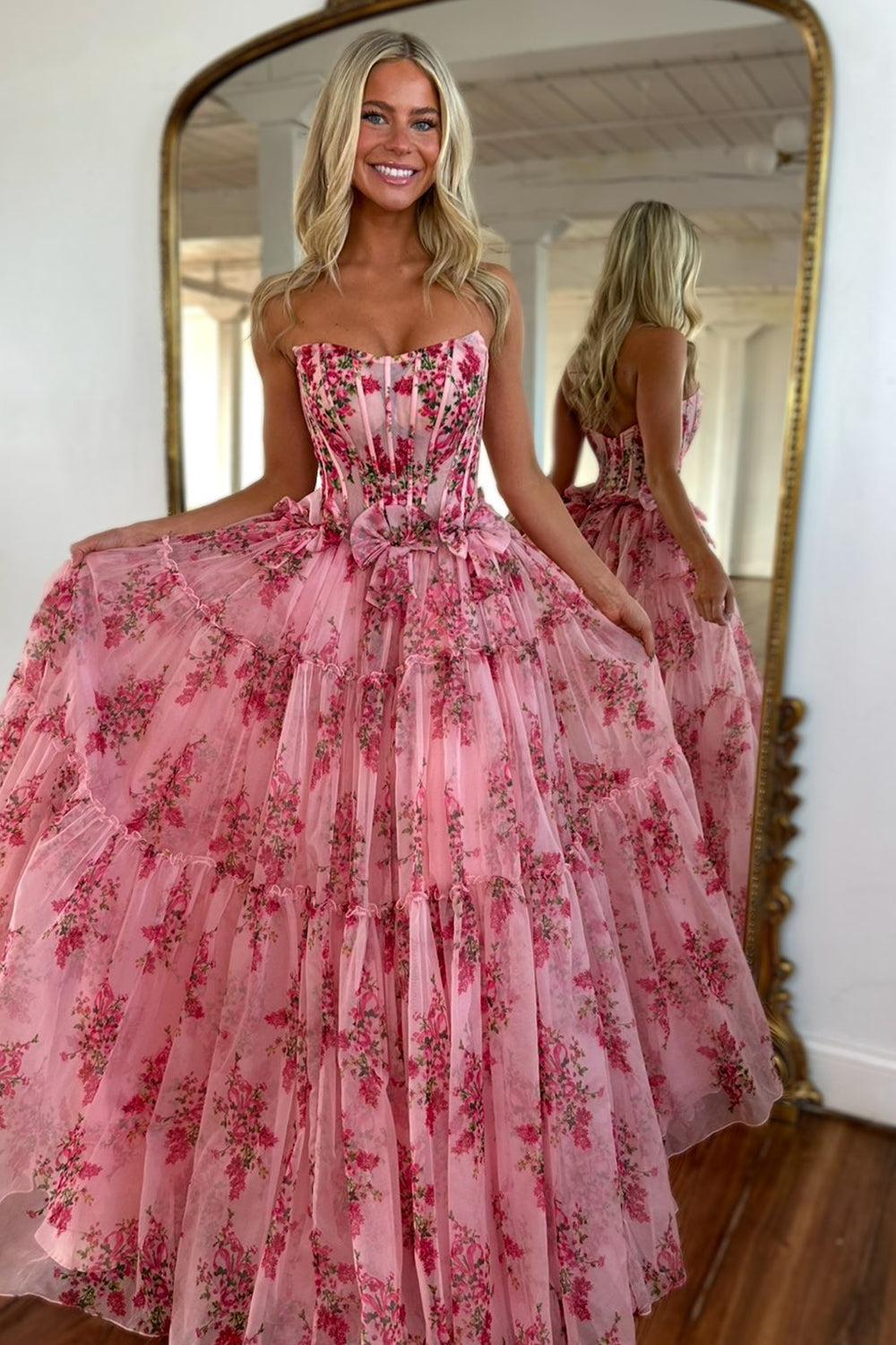 Charming A-Line Pink Strapless Long Print Tulle Prom Party Dress Formal Evening Gown