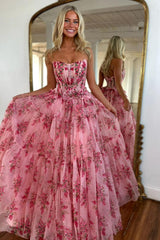 Charming A-Line Pink Strapless Long Print Tulle Prom Party Dress Formal Evening Gown