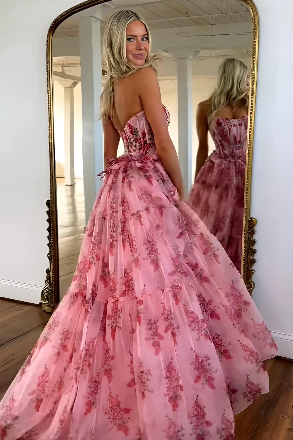 Charming A-Line Pink Strapless Long Print Tulle Prom Party Dress Formal Evening Gown