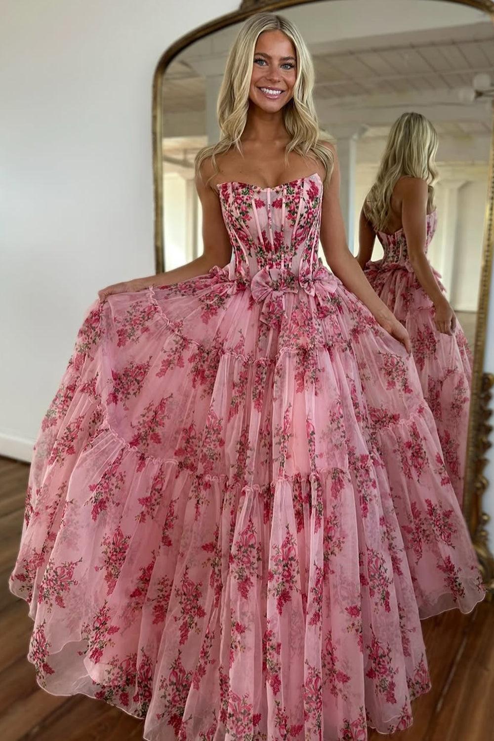 Charming A-Line Pink Strapless Long Print Tulle Prom Party Dress Formal Evening Gown
