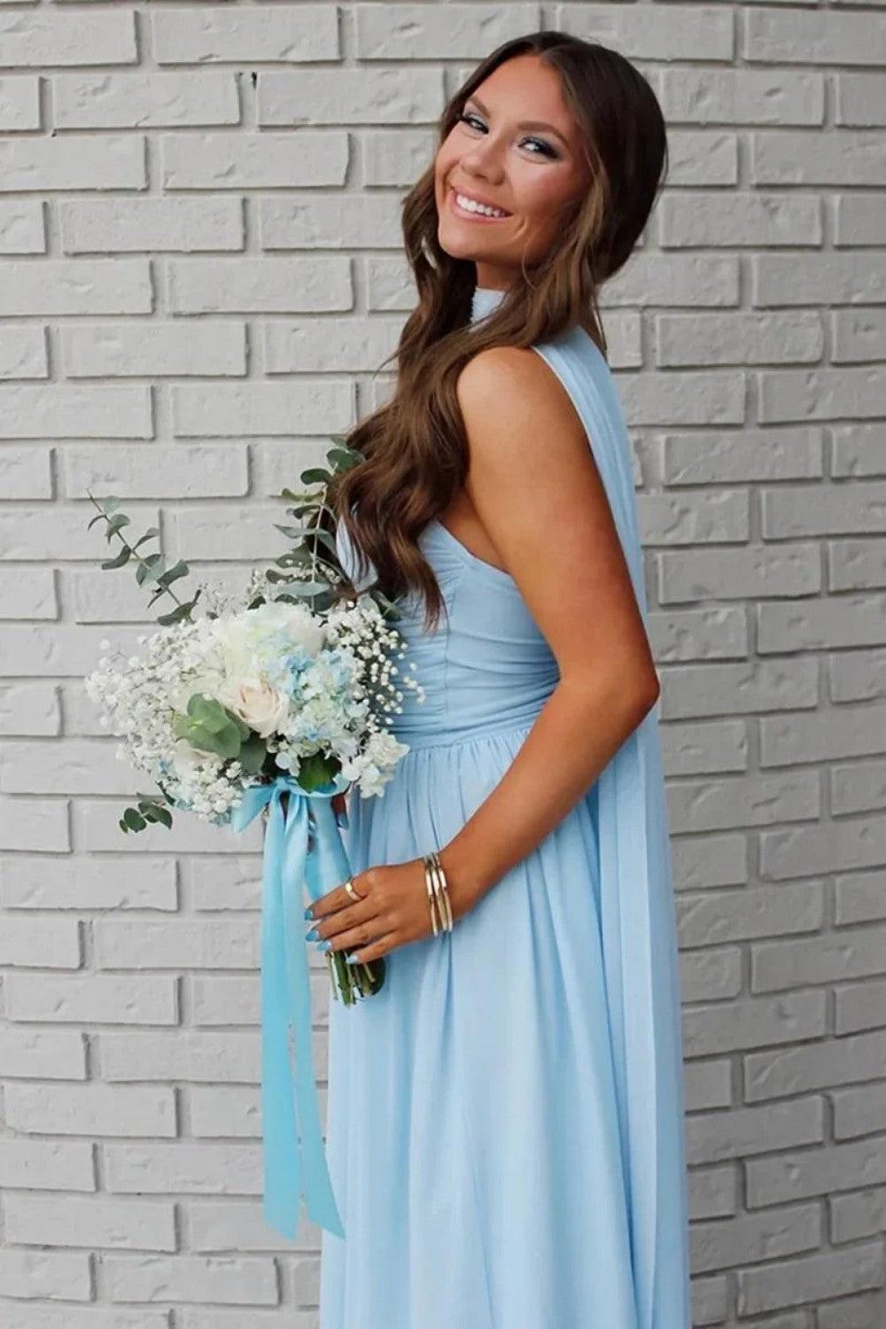Charming A Line Strapless Blue Long Prom Dress With Scarf Formal Evening Gown