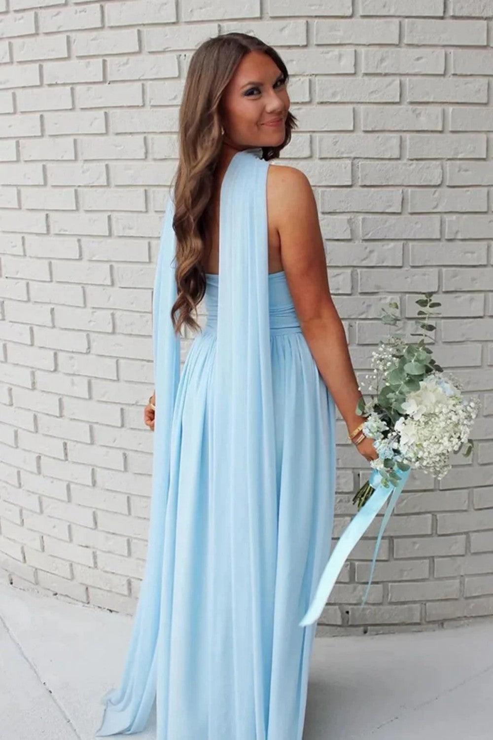 Charming A Line Strapless Blue Long Prom Dress With Scarf Formal Evening Gown