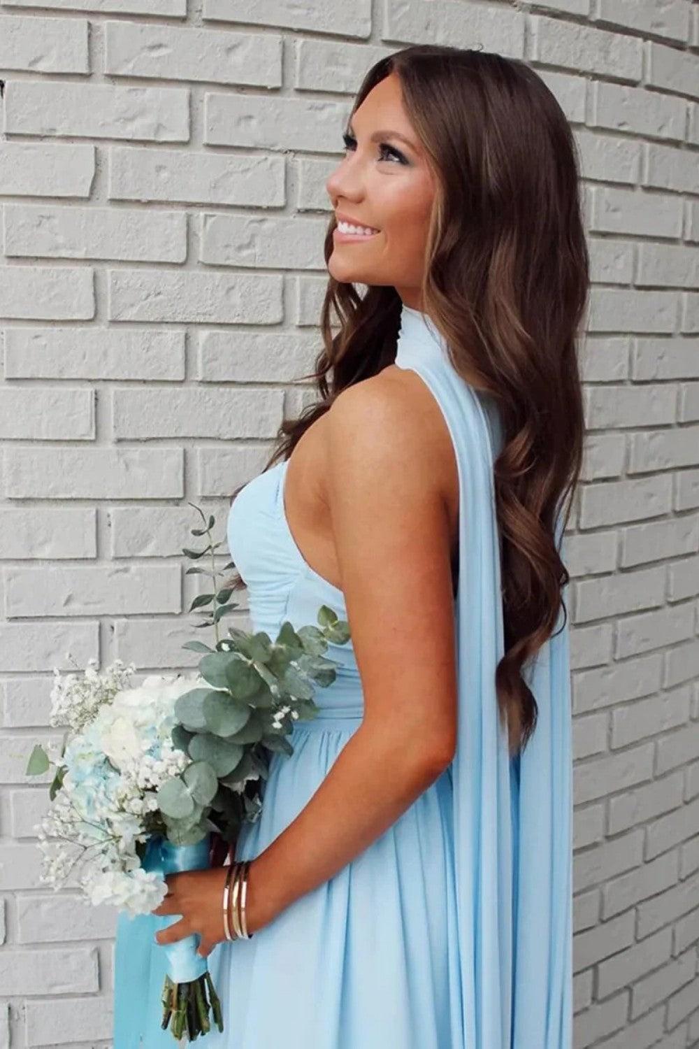 Charming A Line Strapless Blue Long Prom Dress With Scarf Formal Evening Gown