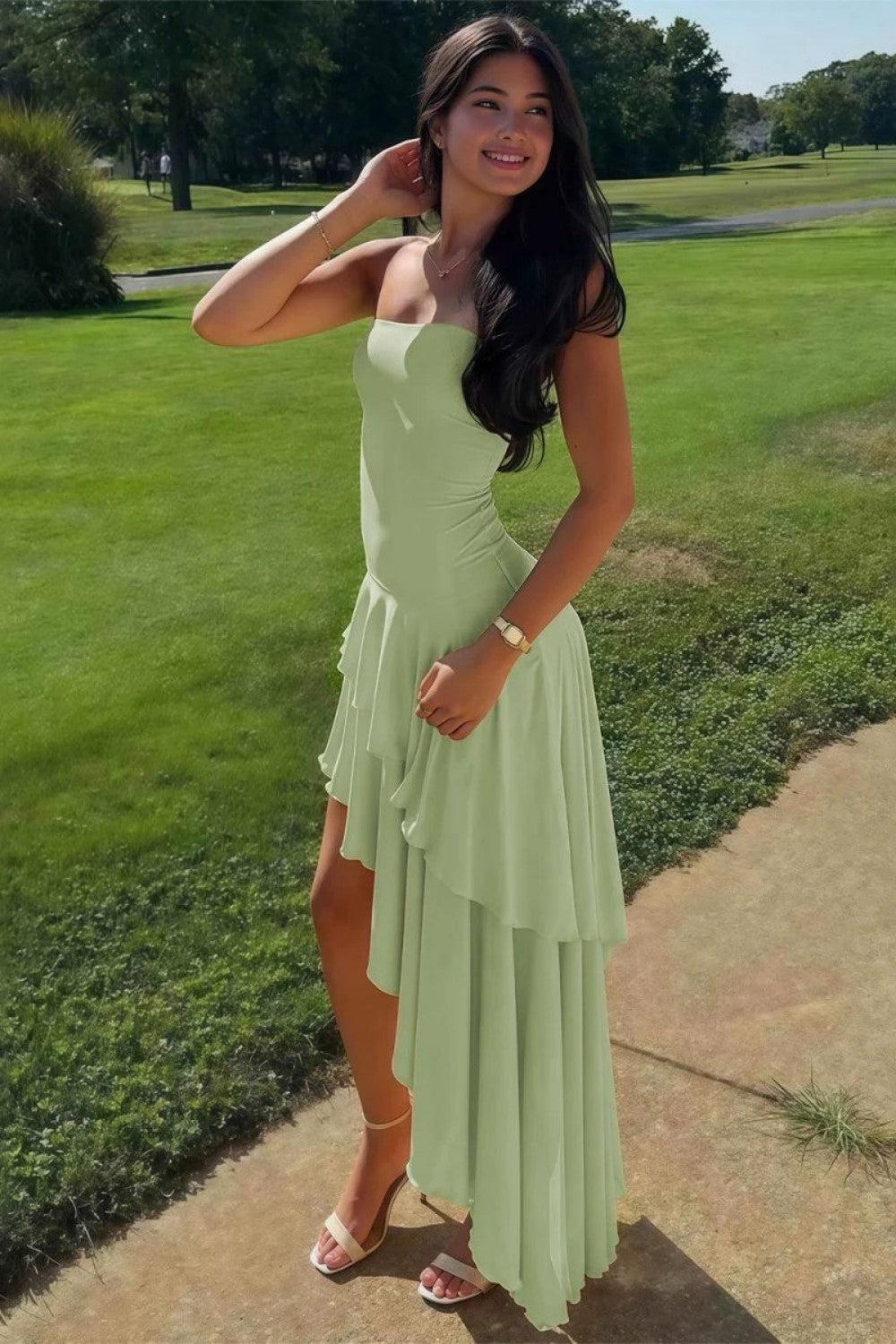 Charming Asymmetrical Strapless Blue Long Prom Dress With Ruffles Formal Evening Gown